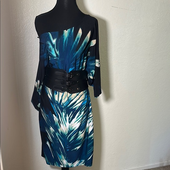 Blue Asymmetrical Dress with Dolman Sleeves - Picture 4 of 12